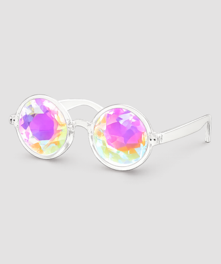 Runde Kaleidoskop-Sonnenbrille mit transparentem Rahmen – runde Festival-Sonnenbrille mit bunten Kaleidoskopgläsern und klarem, transparentem Rahmen, ideal für Festivals, Partys und Sommerveranstaltungen. Ein auffälliges Accessoire als Geschenk oder für den Eigengebrauch.