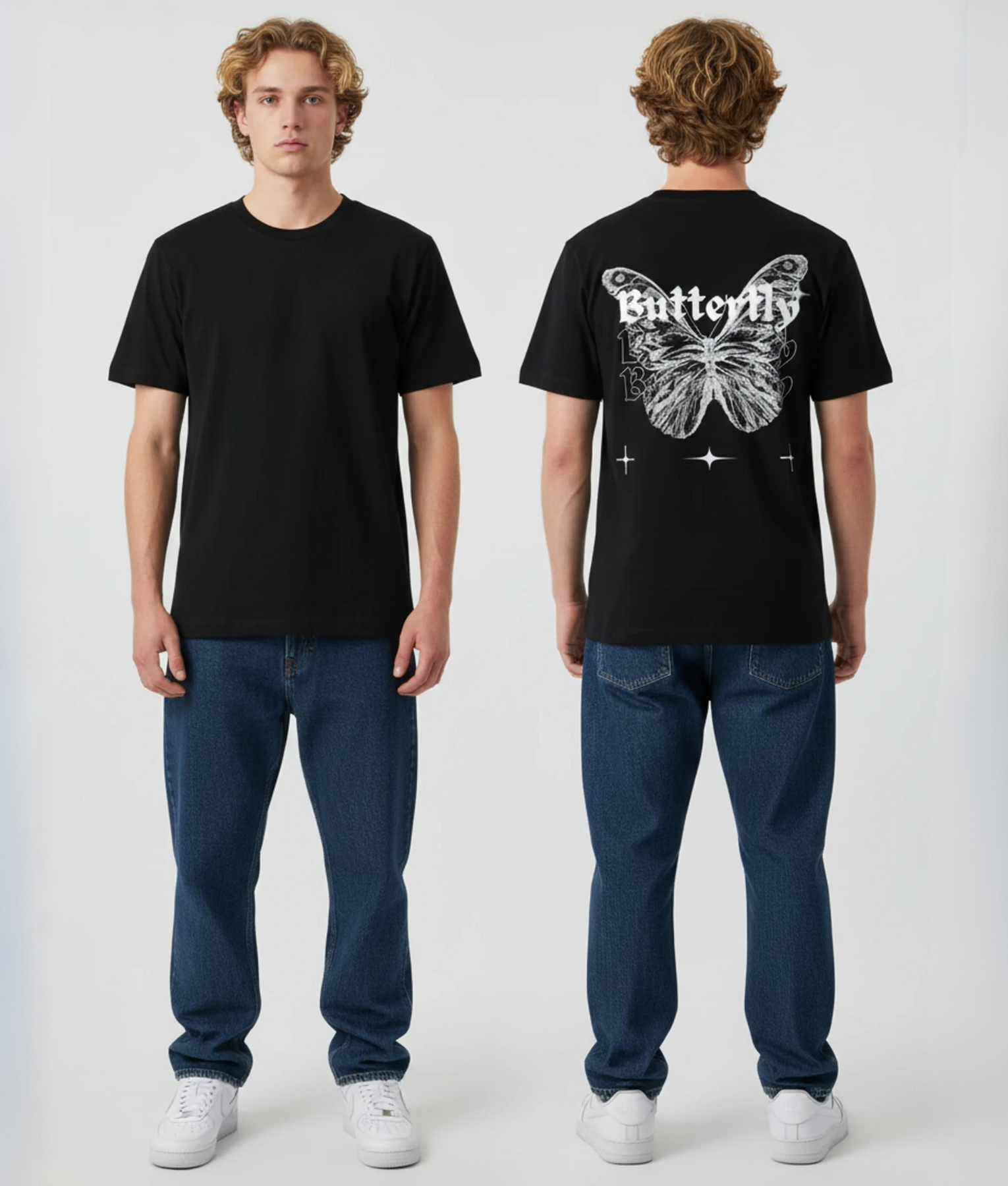 Zwart unisex T-shirt voor- en achteraanzicht gedragen door mannelijk model met Butterfly gotische tekst en grote witte vlinder illustratie op de rug streetwear festival T-shirt