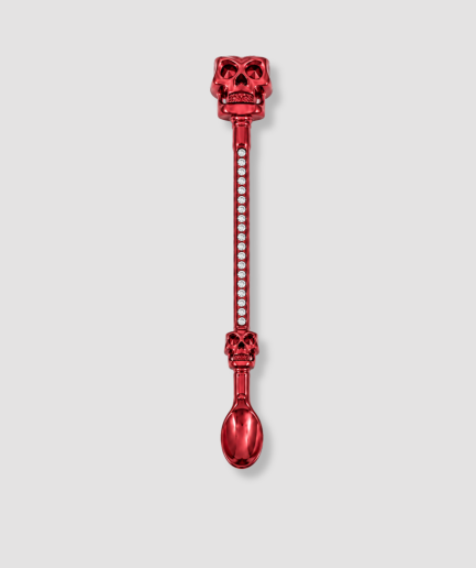 Rode doodskop mini schep cocktailstirrer met twee schedel figuren en witte kristallen steel grappig feest accessoire