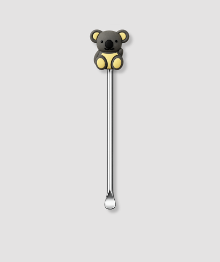Mini schepje cocktailstirrer met grijze koala figuur met gele buik en ronde oren bovenop en zilveren steel