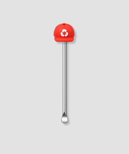 Zilver mini schepje met rood petje en wit recycling symbool