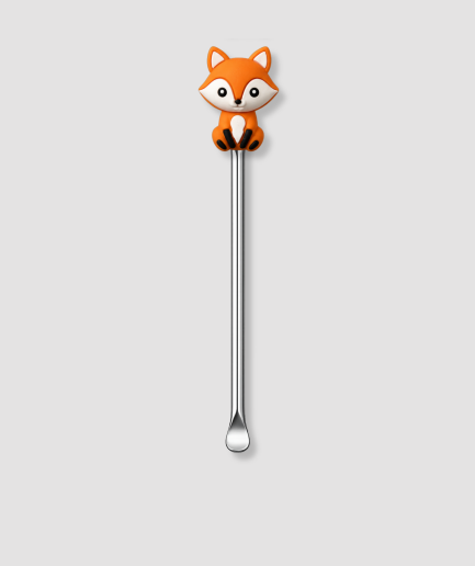 Mini schepje cocktailstirrer met oranje cartoon vos figuur met witte buik en zwarte pootjes bovenop en zilveren steel