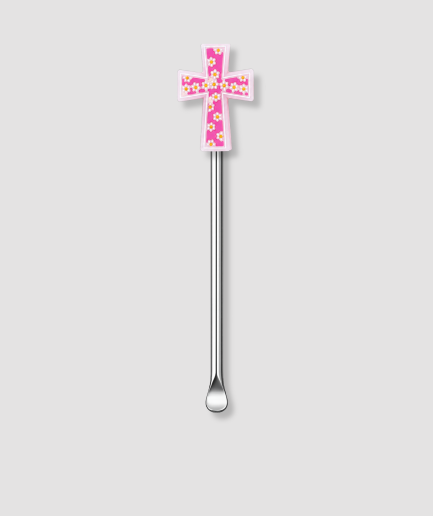 Zilveren mini schepje met roze-wit kruis figuur bovenop