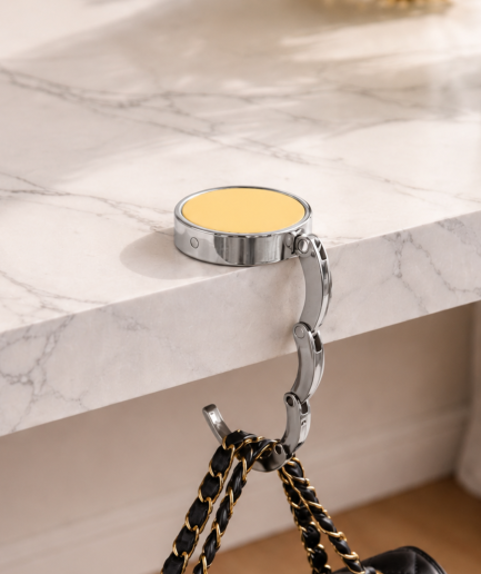 Gouden ronde tassenhanger op marmeren tafel met zwarte handtas