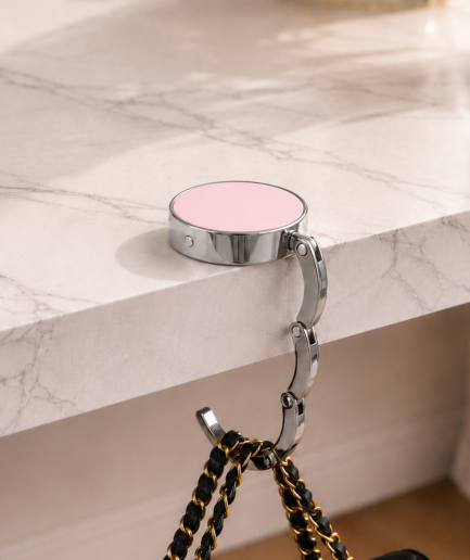 Roze opvouwbare tassenhanger close-up aan tafel