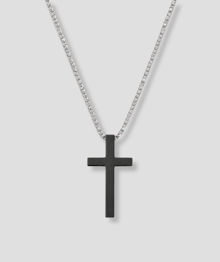 Zilverkleurige ketting met zwart kruishanger voor heren