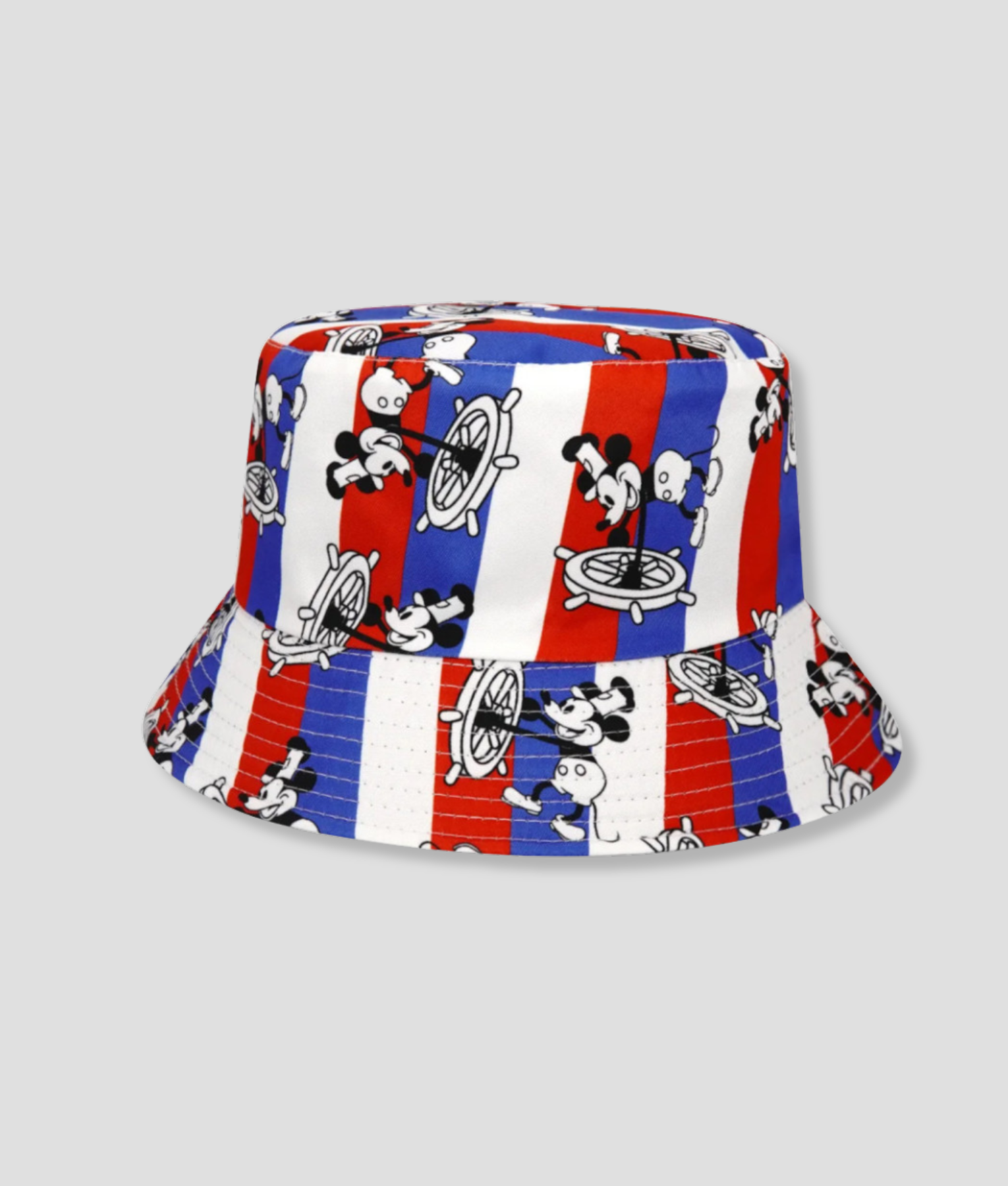 Rood-wit-blauw gestreepte bucket hat met retro tekenfilm print van een muizenkarakter aan een scheepsstuur