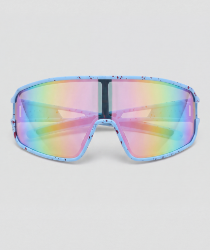 Netheron, bril met blauw montuur en blauw en geel en groen en oranje en roze glazen
