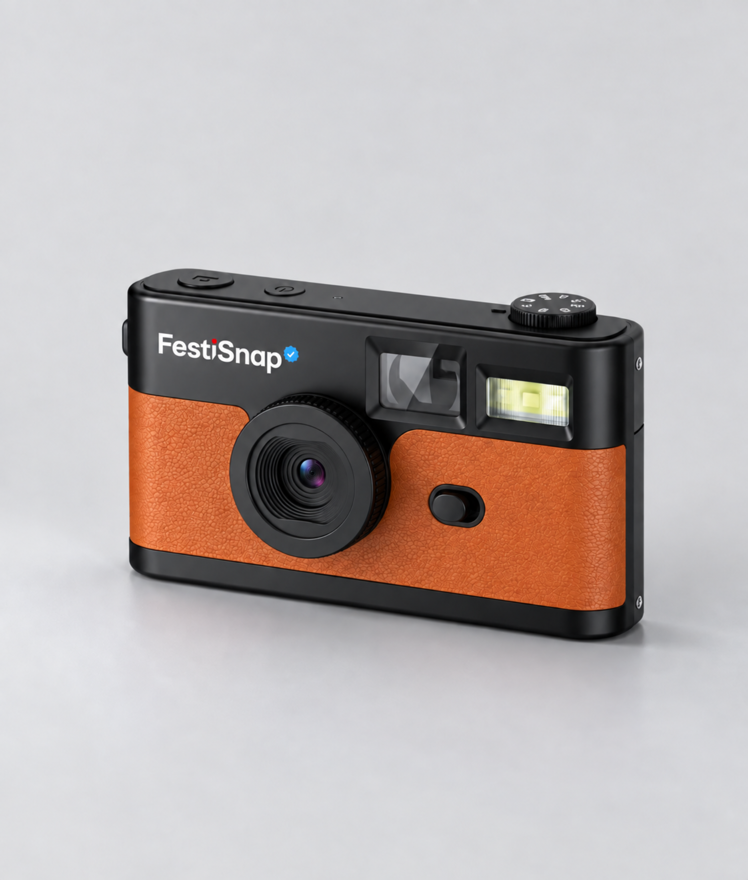 Oranje FestiSnap retro camera schuin van voren