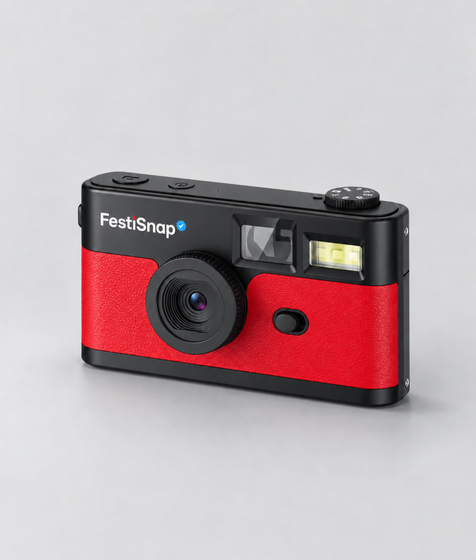 Rode FestiSnap retro camera schuin van voren
